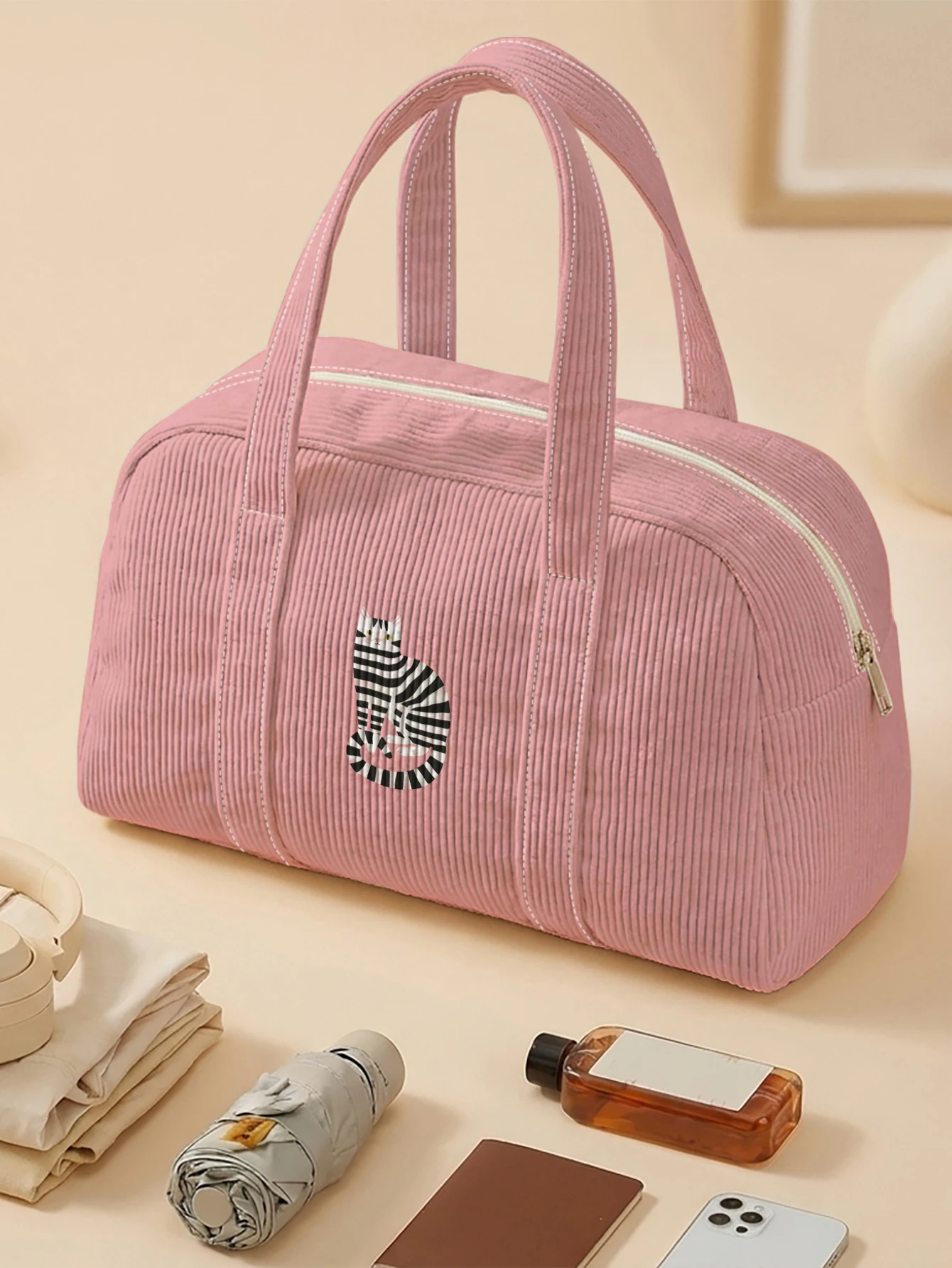Striped Cat Print Handbag Large Capacity Corduroy Tote Bag For Travel Shopping Daily Use