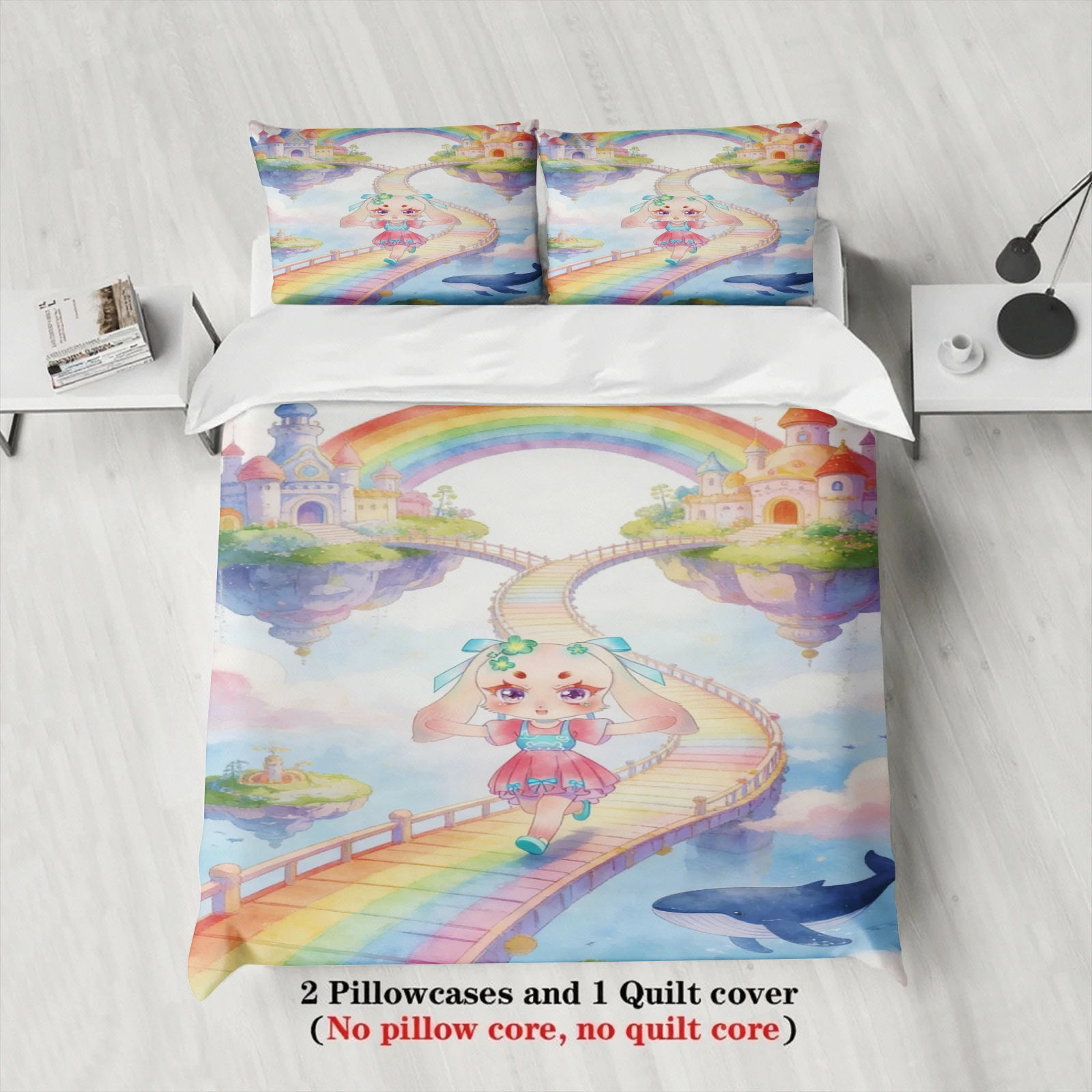 Softville Cozy Town 3PCS Bedding Sets Lop Rabbit Walking On Rainbow Pint Duvet Cover No filling Cartoon Style Queen King Size