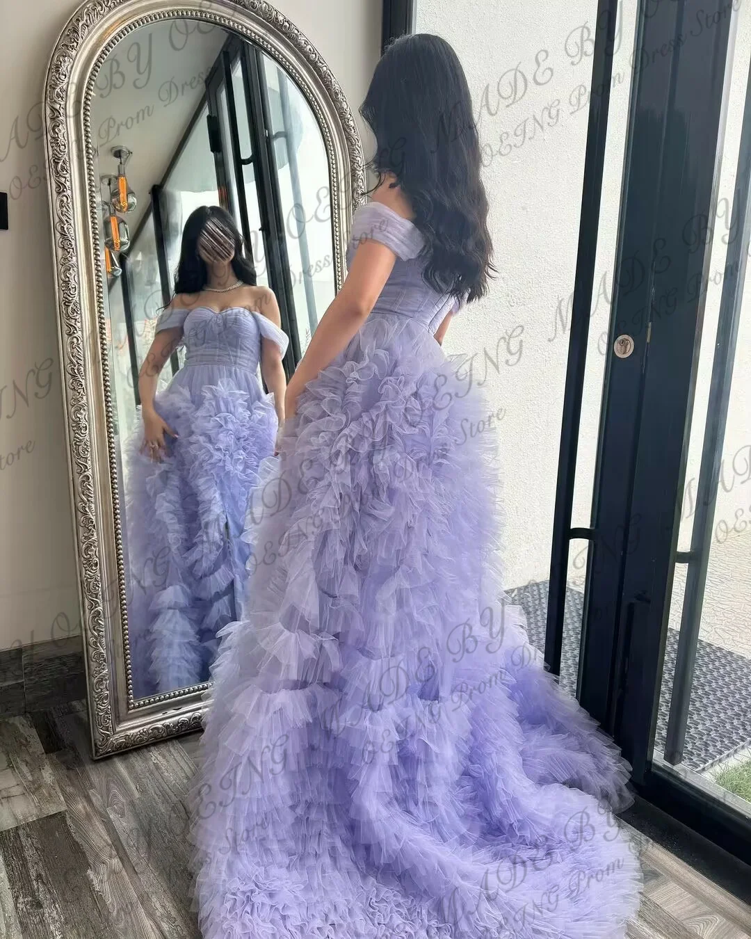 OEING Lavender A Line Evening Dresses Elegant Off The Shoulder Ruffles Tulle Prom Gowns Formal Occasion Wedding Party Dress