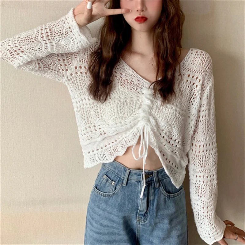 Hollow Out Knitted Pullovers Women Thin V-Neck Tie Bow Drawstring Sweater Ladies Long Sleeve Bottoming Knitwear Shirt Short Tops
