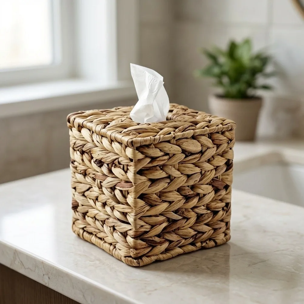 Water Hyacinth Woven Paper Box for Tissues Designed to Fit Standard Square Boxes in Residential and Commercial Spaces