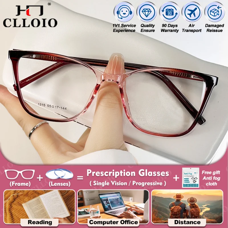 

CLLOIO Trendy Cat Eye Large Frame Myopia Prescription Glasses High Quality Women Anti Blue Light Multifocal Photochromic Eyeware
