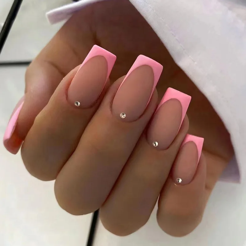 24pcs Simple French Rose Pink Rhinestone Frosted Sweet False Nails Set with Glue Artificial Cheap Fake Press on Nails for Girls