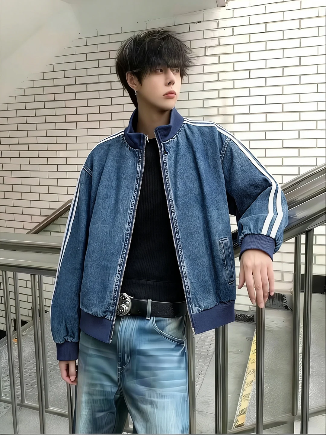 

Мужская джинсовая куртка Deep Blue Tee-Striped в полоску, в стиле бейсбольной формы, с эффектом потертости, дышащая, теплая, на молнии