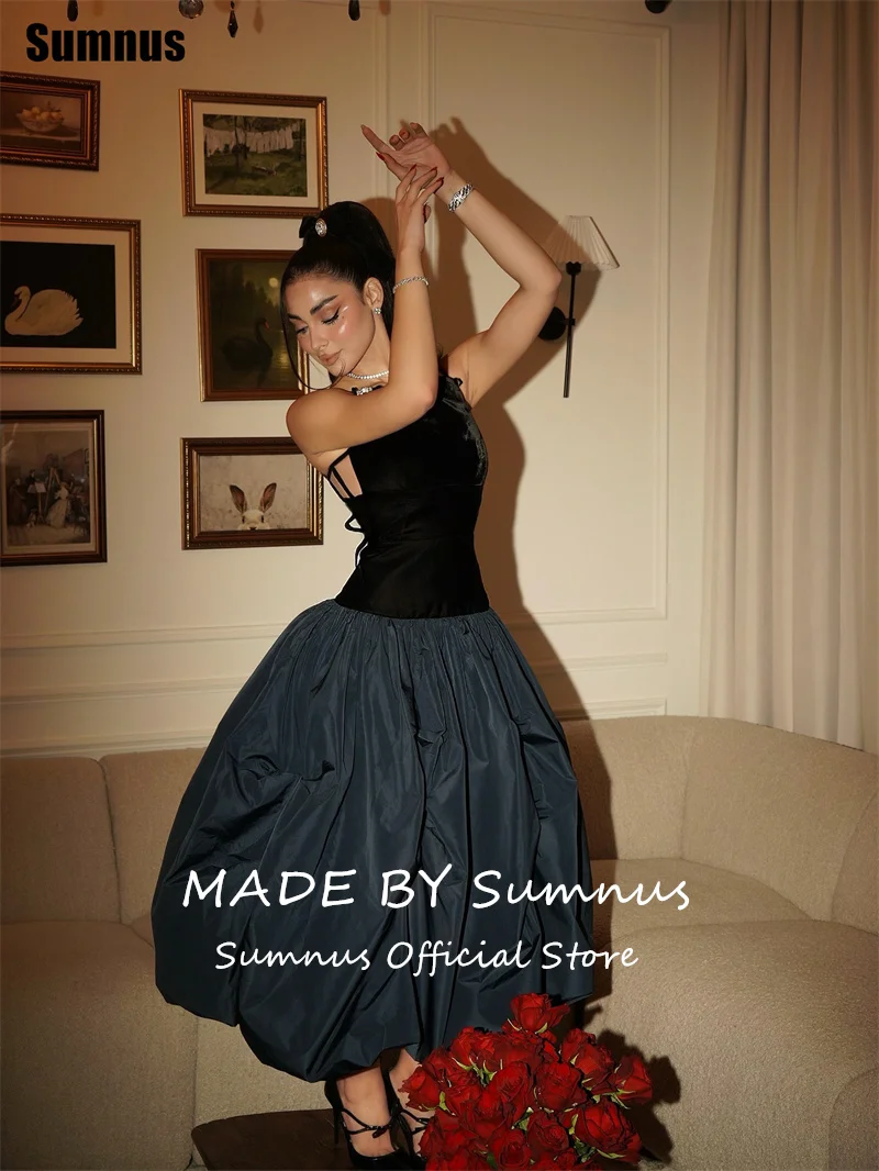 Sumnus elegante a linha vestido de baile veludo preto cinta espaguete midi formal vestido de noite gala robes de soirée personalizado