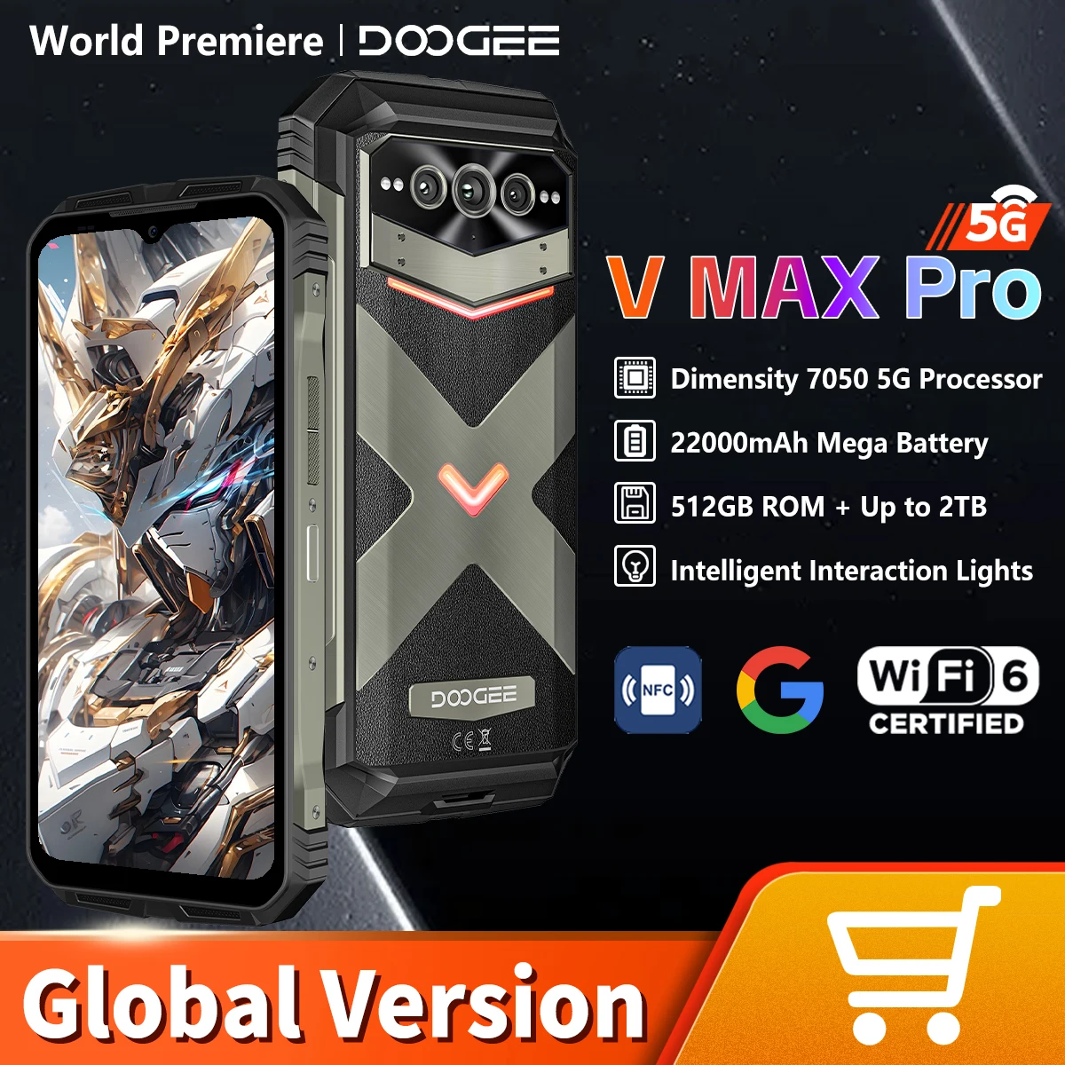 

DOOGEE V MAX PRO Rugged Smartphone Dimensity 7050 5G 6.58" IPS Screen12GB RAM 512GB ROM 22000mAH 108MP AI Camera Android 14 NFC