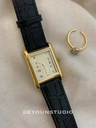Reloj de cuarzo para mujer con esfera dorada Rectangular cuadrada con diseño de nicho Retro, reloj informal de cuero negro resistente al agua, reloj de moda