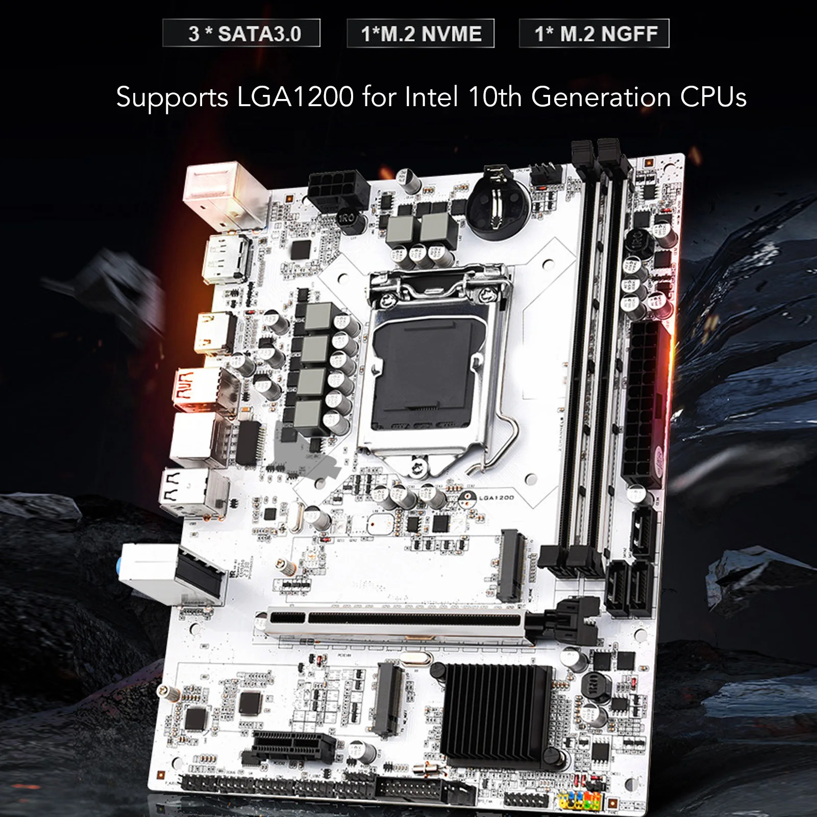 

Материнская плата для майнинга, материнская плата компьютера H410M DH LGA1200, поддержка M.2 NVME, многоинтерфейсный 3-фазный источник питания для настольного ПК