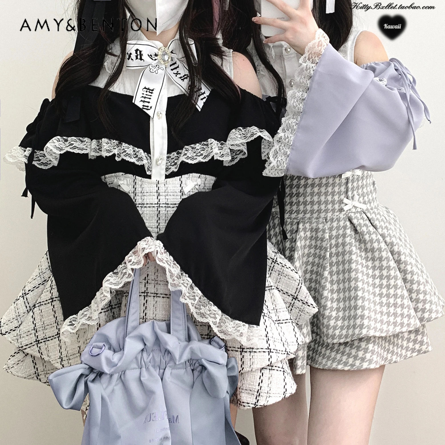 Japanese Cute Love Rhinestone Ribbon Long-sleeved Shirt Women Lace Splicing Off Shoulder Mine Series Mass-produced Lolita Shirt