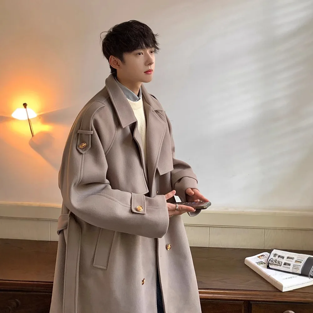 

Trendy Briti Sle Men's Overcoat Knee-Length Woolen Coat Long Sle Casual Outerwear Korean Faion Windbreaker