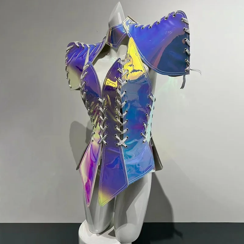 Drag Queen-kostuum Laser Armor Strap Ties Stage Outfit Gogo Show Girl Prestatiekleding Festival Carnaval Rave Dancewear yk
