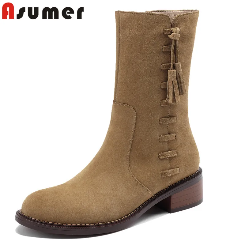 

ASUMER 2024 New Fashion Ladies Fringe Zipper Winter Boots Cow Suede Leather Pleated Mid Calf Boots Square Med Heels Boots