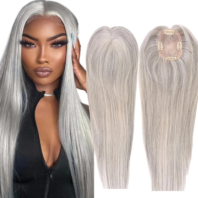 

18 Inches Brazilian Virgin Human Hair Replacement Grey Color Silky Straight 3x5 Mono Topper Closure for Woman