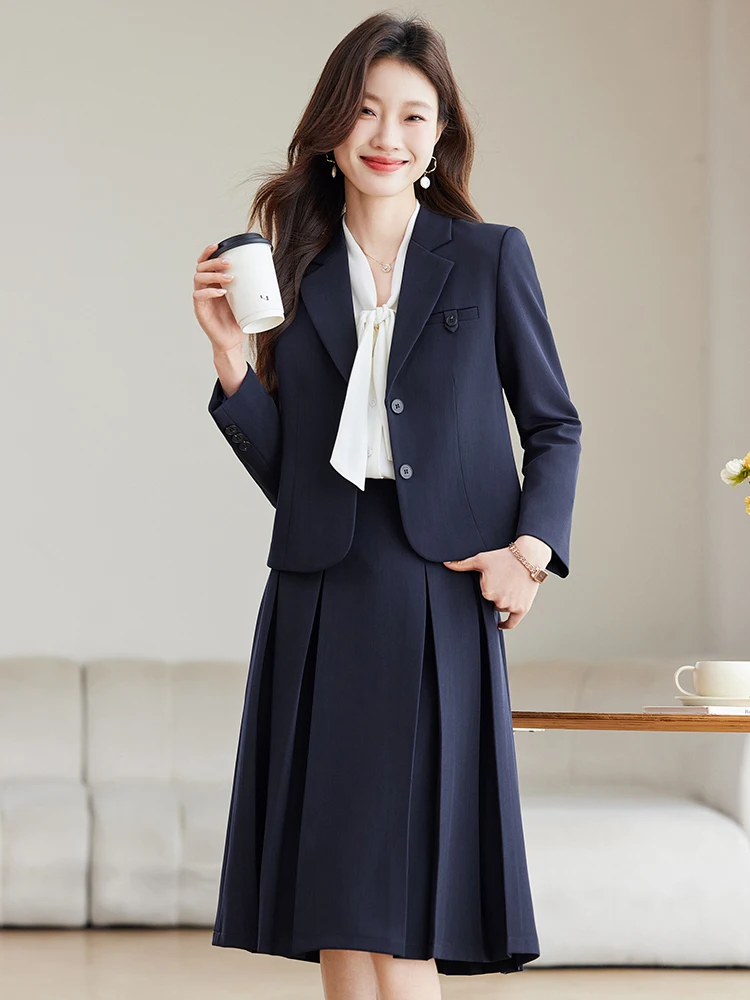 

Women's Suit Set Interview Wardrobe Professional Clothing Small Size Career Outfit Button Detail Long Sleeve Midi Dress