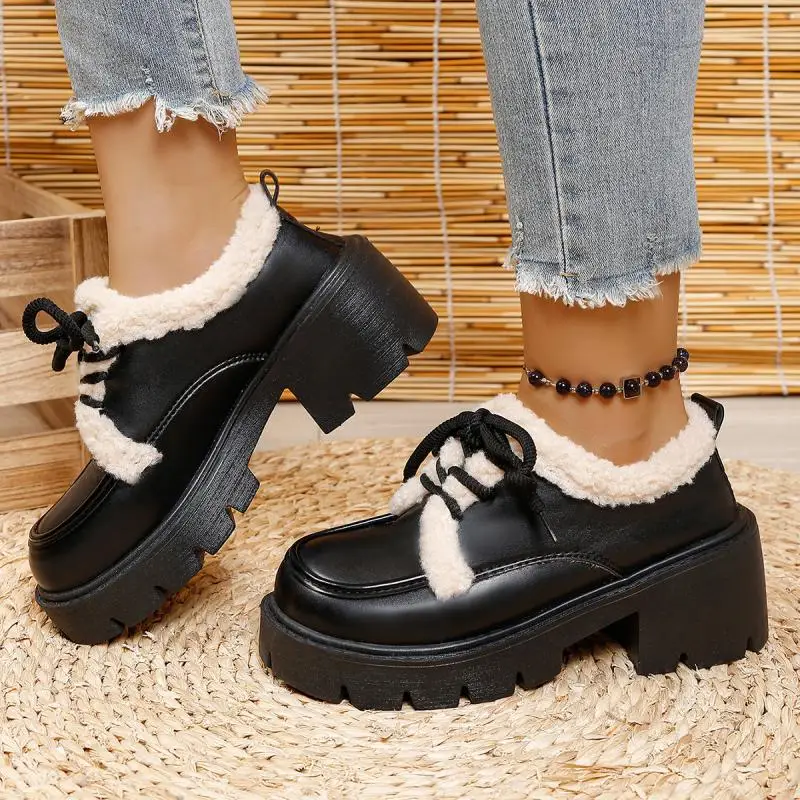 French Retro Fluffy Fur Thick Bottom Loafers Shoes Winter 2026 Warm Lambswool Platform Leather Shoes Women Plush Black Loafers