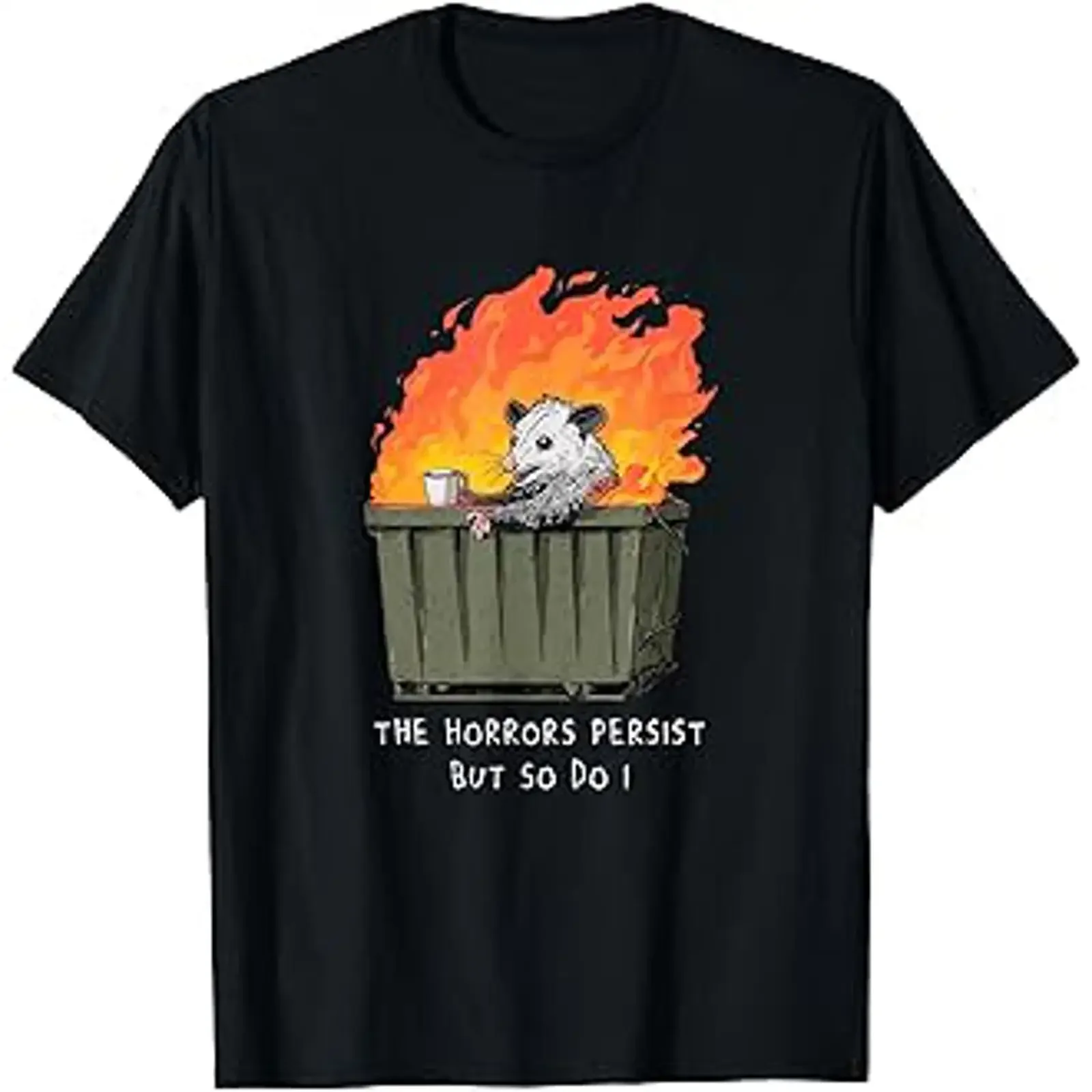T-shirt vintage délavé et confortable, motif possum humoristique 'Les horreurs persistent, moi aussi', style trash Dumpster, tendance et polyvalent, extensible
