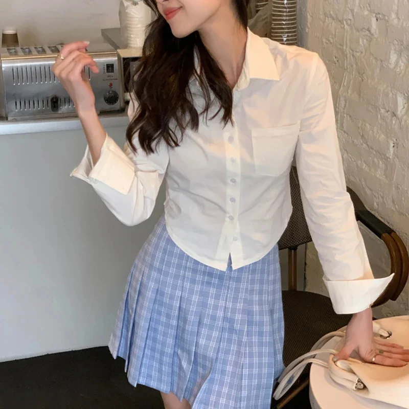 New Spring Casual Women Polo Collar Blusas Short Irregular Pink Blouses Femme Chemise Button Up White Long Sleeve Cotton Shirts