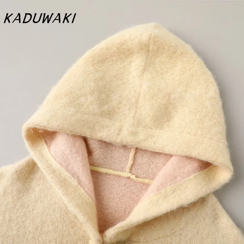 KADUWAKI French Sweet Style Hooded Long-sleeved Gradient Color Sweaters Autumn and Winter Versatile Color Tie Knit Tank 여성 반팔 니트