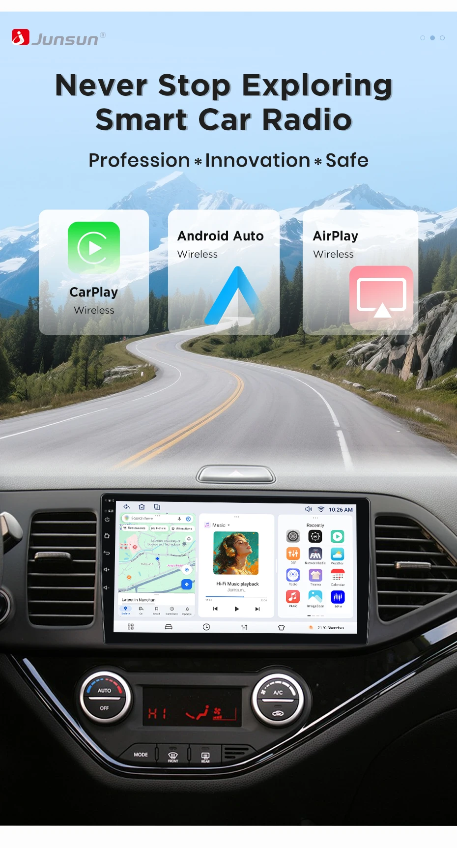 Junsun Wireless CarPlay Android Auto Autoradio für Kia Morning Picanto 2011-2016 Auto-Intelligentes System DSP SWC RDS GPS FM BT – Detail 1