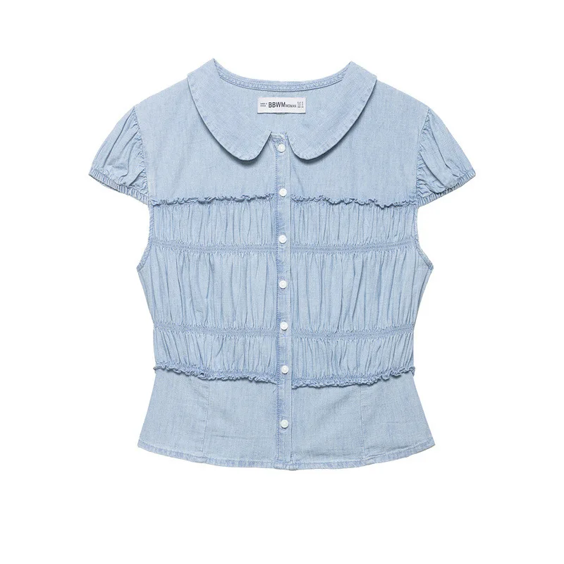 Spring New Pleated Small Round Lapel Pleated Short-sleeved Shirt