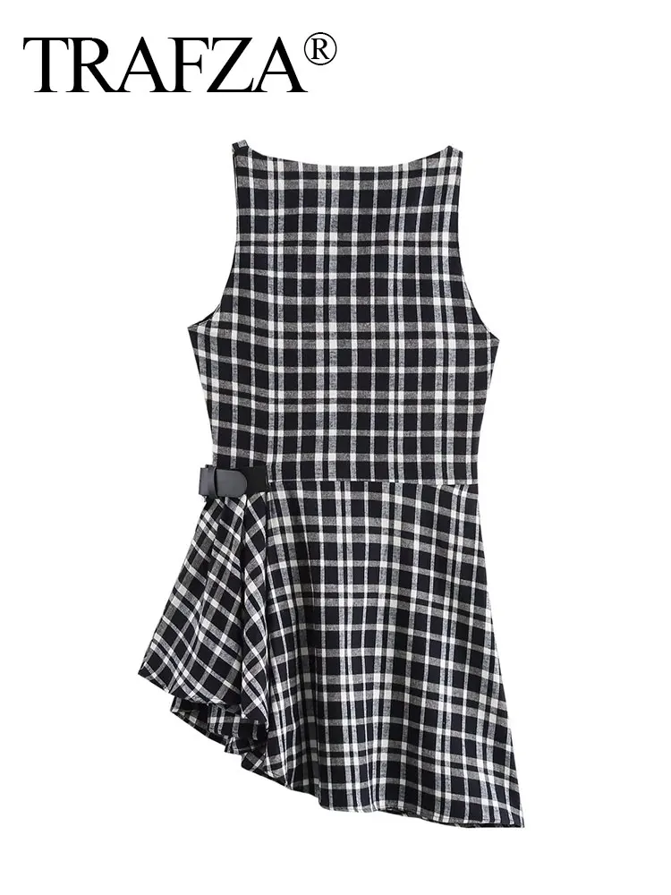 TRAFZA 2024 Summer Women Fashion Plaid Dress Square Collar Slim Short Dresses Woman With Folds Female Mini Dress Vestidos