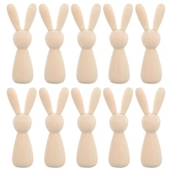 10 Piece Unfinished Wooden  Doll Figure Unpainted Peg Dolls Wood DIY Blank Wood Bunny Puppet Craft Art Easter Decoration