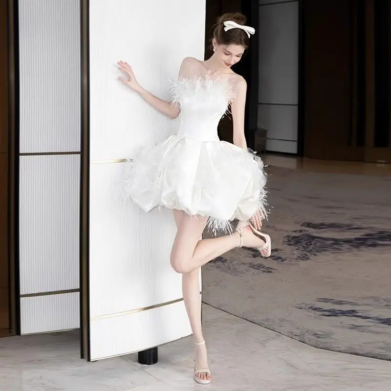 A8229 럭셔리 스트랩리스 파티 드레스 프롬 의상 스윗 메모리 프린세스 숏 볼 가운 화이트 드레스 여성 섹시 웨딩 드레스