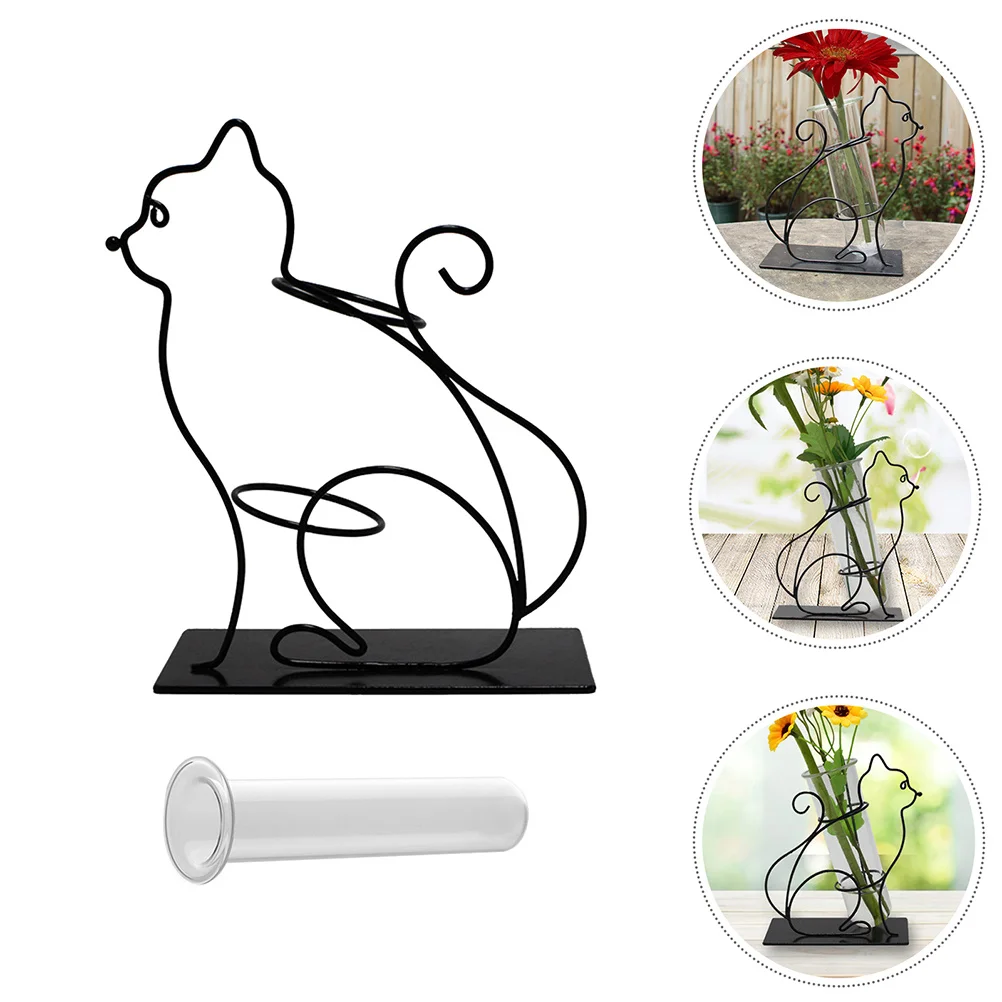 

1Set Small Cat Iron Frame Flower Tube Minimalist Glass Vase for Hydroponic Plants Decorative Home Office Balcony Garden Ornament