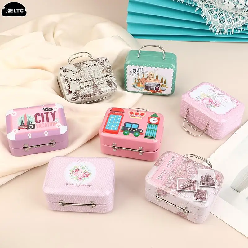 Mini Tin Box Vintage Small Suitcase Storage Tin Metal Candy Box Gift Box Cookie GiftBox Sundries Organizer Storage Can Container