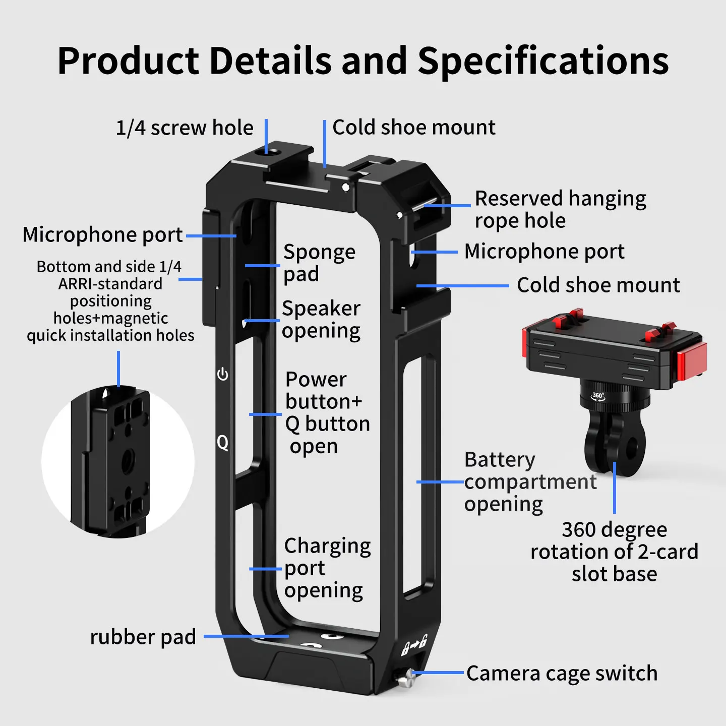 Kamerakäfig für Insta360 X4 Air 360 Kamera, drehbarer Stativadapter, Cold Shoe Halterung, Erweiterung, Lichthalterung, Selfie Stick Halterung – Detail 6