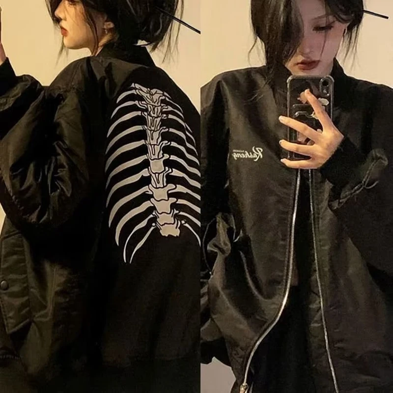 y2k Bomber Jackets Men Women Black Gothic Skeleton Harajuku Baseball Varsity Jacket American Vintage Autumn Outerwear New