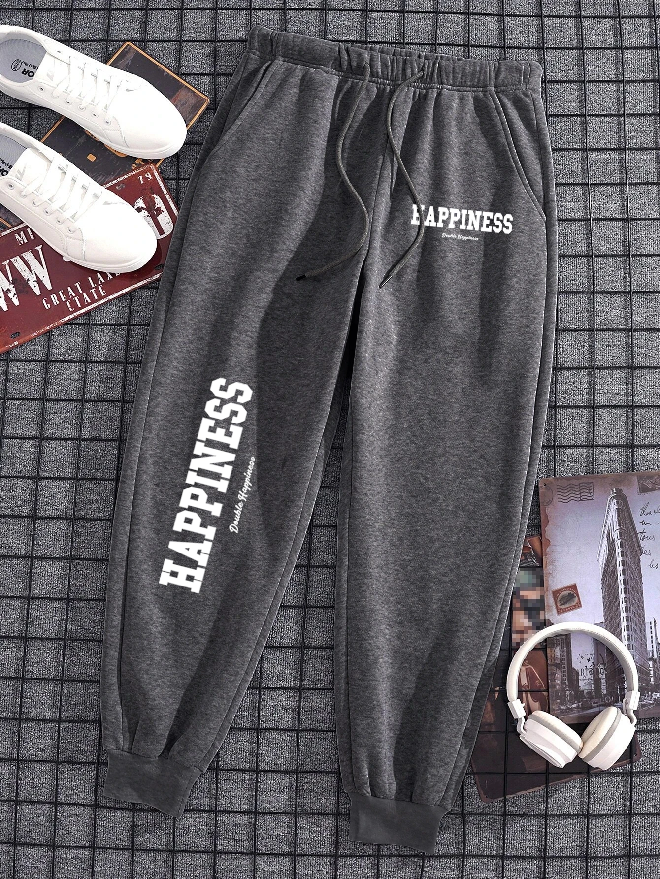 Happiness Letter Print Mens Womens Pants Fitting Y2K Casual Sports Pants Warm Jogging Outdoor Wear Pocket Running Trouser Couple