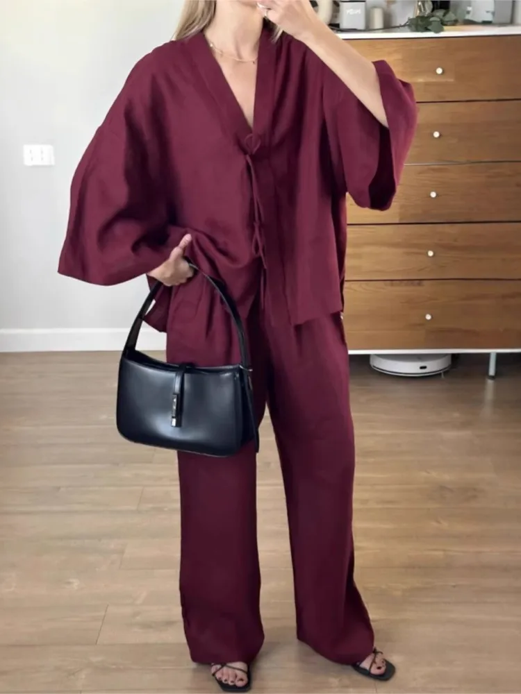 

Autumn Women's Chic Outfits Cotton Linen Lace Up Shirt Pants Two Piece Set Casual V Neck Long Sleeve Solid Loose Suits Female