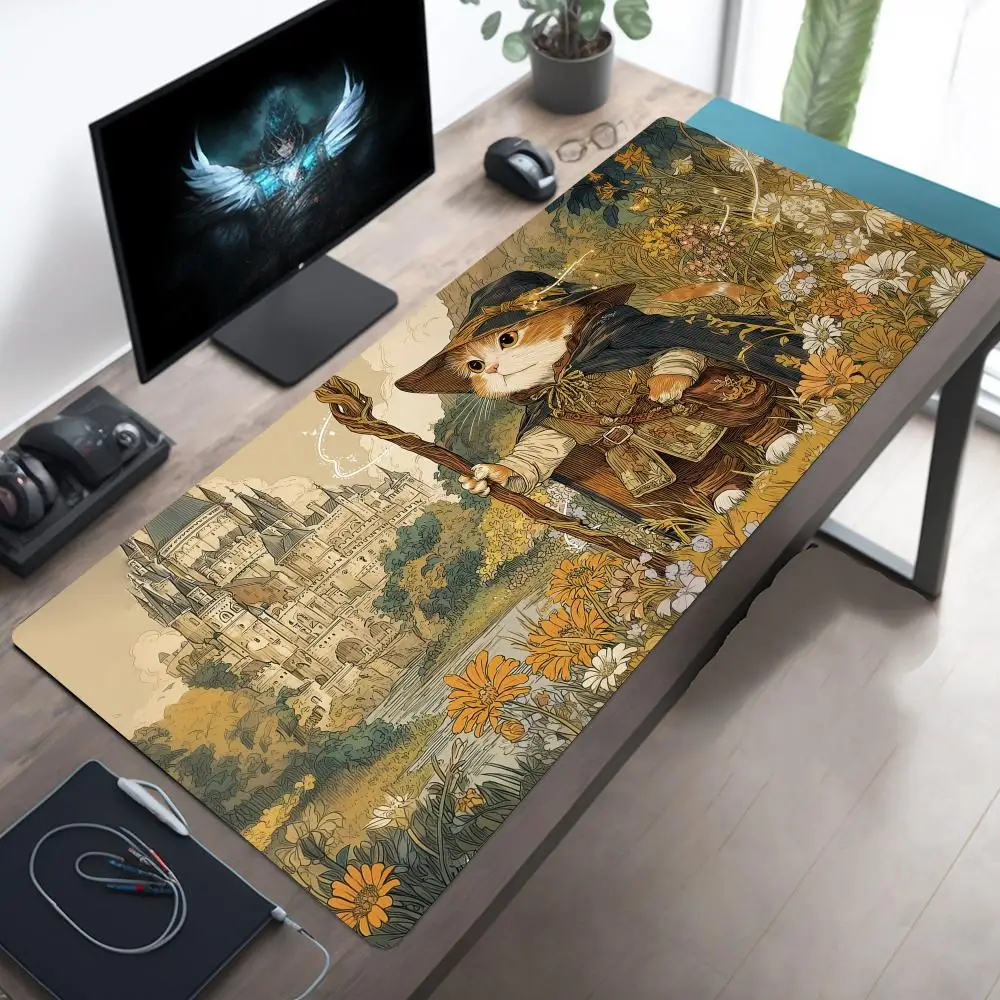 Wizard Cat and Castle Pattern Design Large Mouse Pad Desk Mat Stitched Edge Non-Slip Durable Gaming Pad Office Rug TCG Playmat
