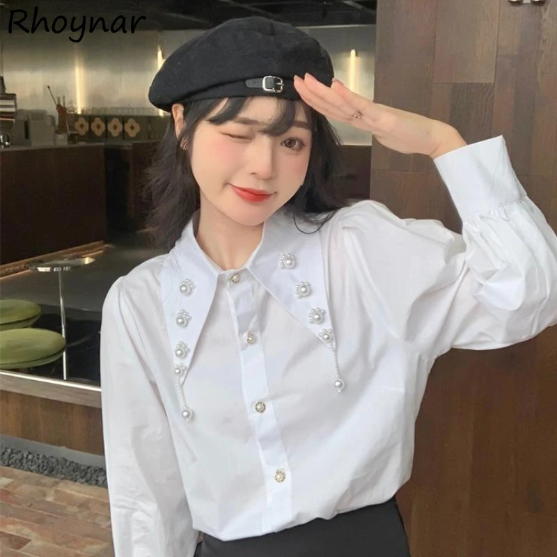 Women Shirt White Doll-collar Design Unique Long Sleeve Trendy Korean Style All-match Three-dimensional Decoration Spring Tops