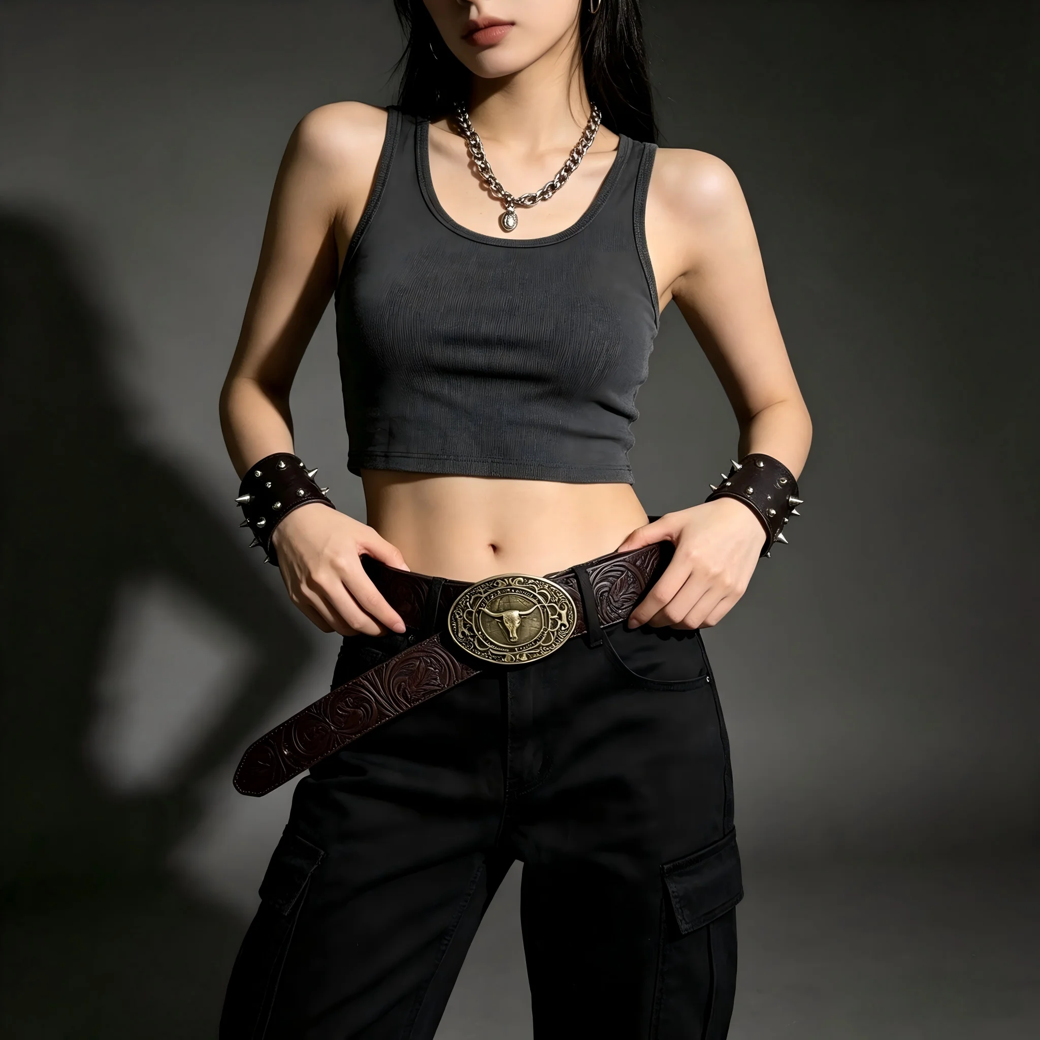 1 unisex waist belt with coffee embossed bull button, Western cowboy punk hip-hop rock style, paired with jeans, fashionable
