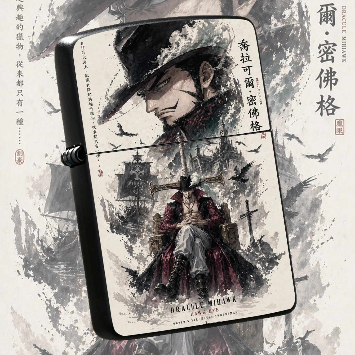 Style Dracule Mihawk Themed Lighter, Ink Wash Style Hawk-Eye Collectible Lighter, World's Strongest Swordsman Peripheral, Trendy Delicate Durable Durable Housing Ignition Tool, Exclusive Nice Gift for Anime Fans Personal Daily Use A Fun
