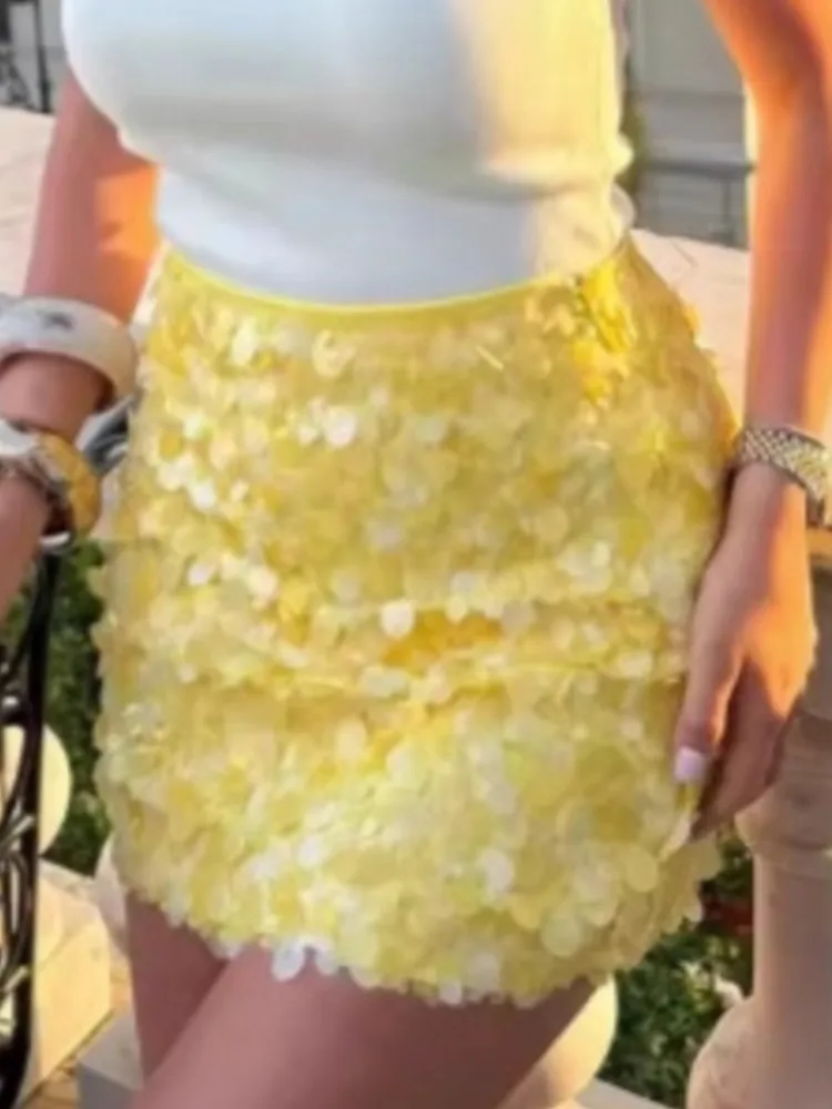 تنورة نسائية صغيرة مثيرة بالترتر موضة بلون واحد بخصر عالٍ تنانير ضيقة على الورك ملابس خروج للنوادي والحفلات Y2k ملابس نسائية