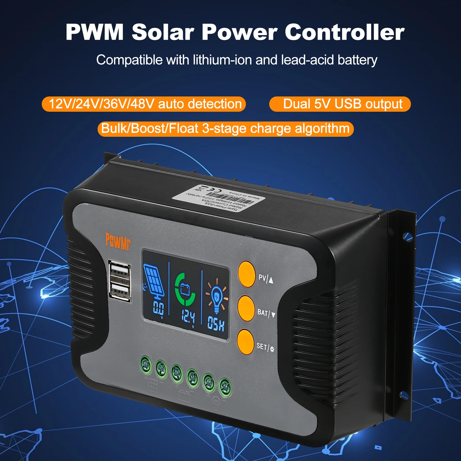 80A Solar Power Controller PWM Battery Charging Controller 12V-48V Li-Battery Charge Controller with Bulk/Boost/Float Charge