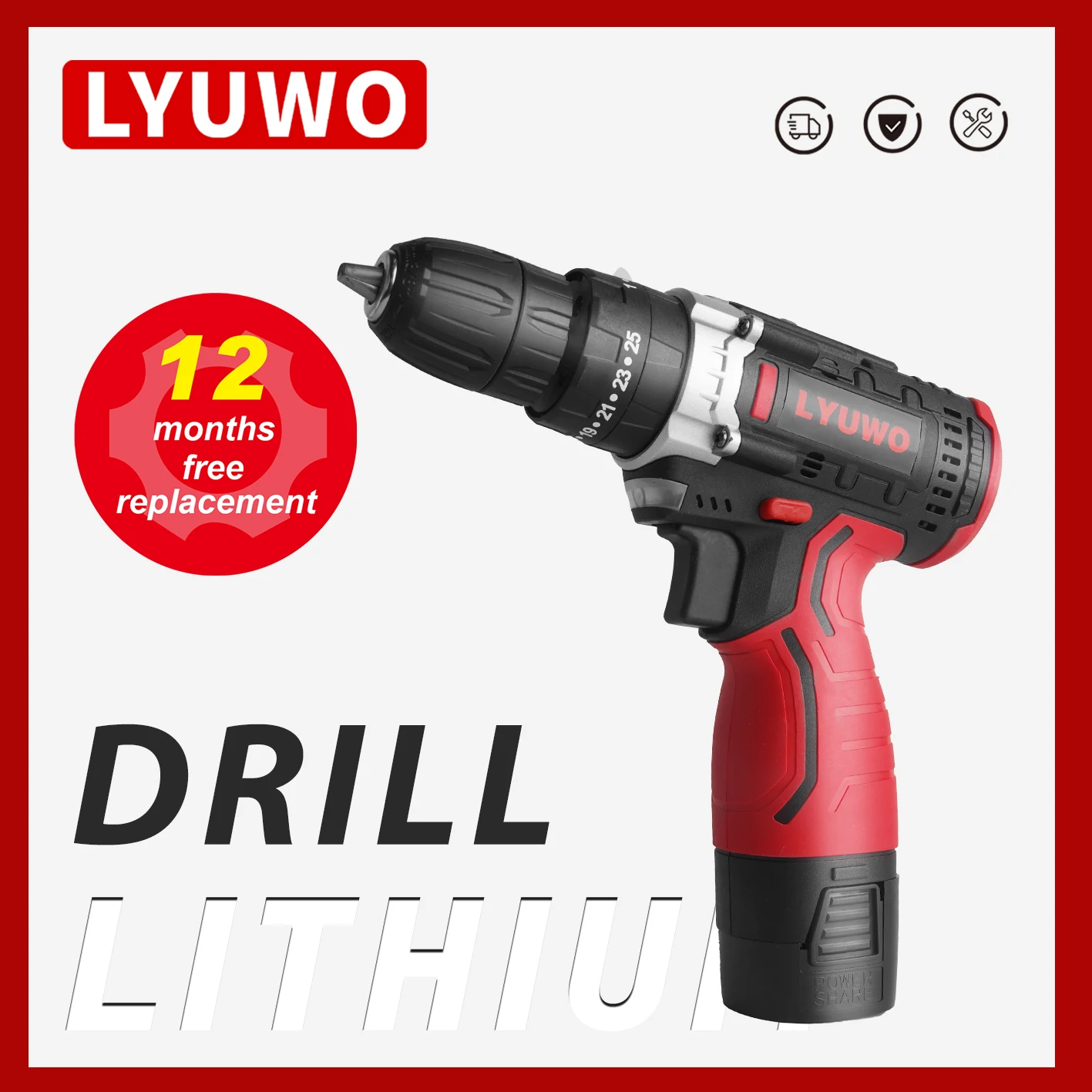 LYUWO Household12V/16.8V/21V Rechargeable Lithium Electric Drill Multifunctional Impact Pistol Drill Electric Screwdriver