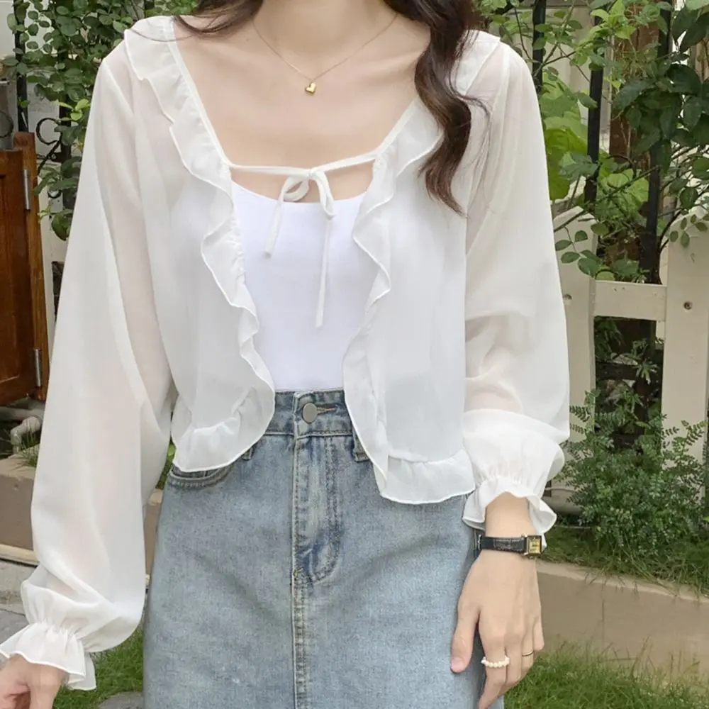 Wraps Ruffle Summer Sun Protection Cape Wrapped Long Sleeves Short Top Coat Lace Cardigan Sunscreen Shawl Korean Style Shawl
