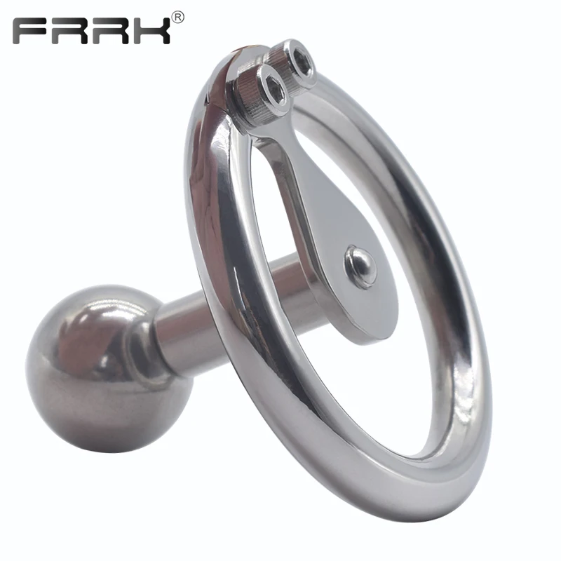 FRRK Flat Pad Convertible Inverted Male Chastity Cage with Metal Solid Ball Urethral Penis Plug Cock Rings Orgasm Denial Sex Toy