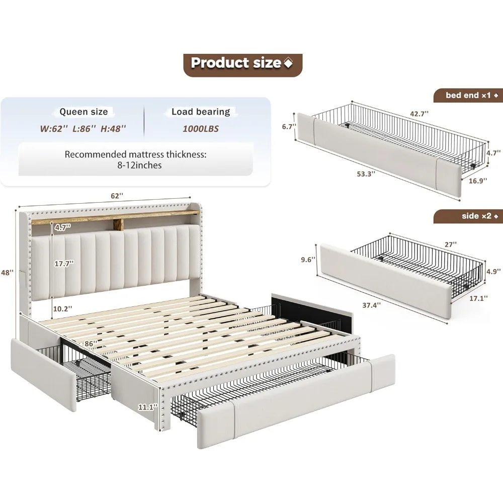 إطار سرير منجد بحجم كوين مع أدراج تخزين ولوح رأسي من طبقتين، وسرير بمنصة دعم شرائح خشبية