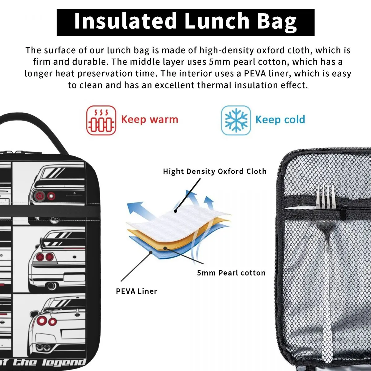 Skyline History Skyline R32 R34 GTR Insulated Lunch Bag JDM Car Lunch Container Portable Cooler Thermal Bento Box Work