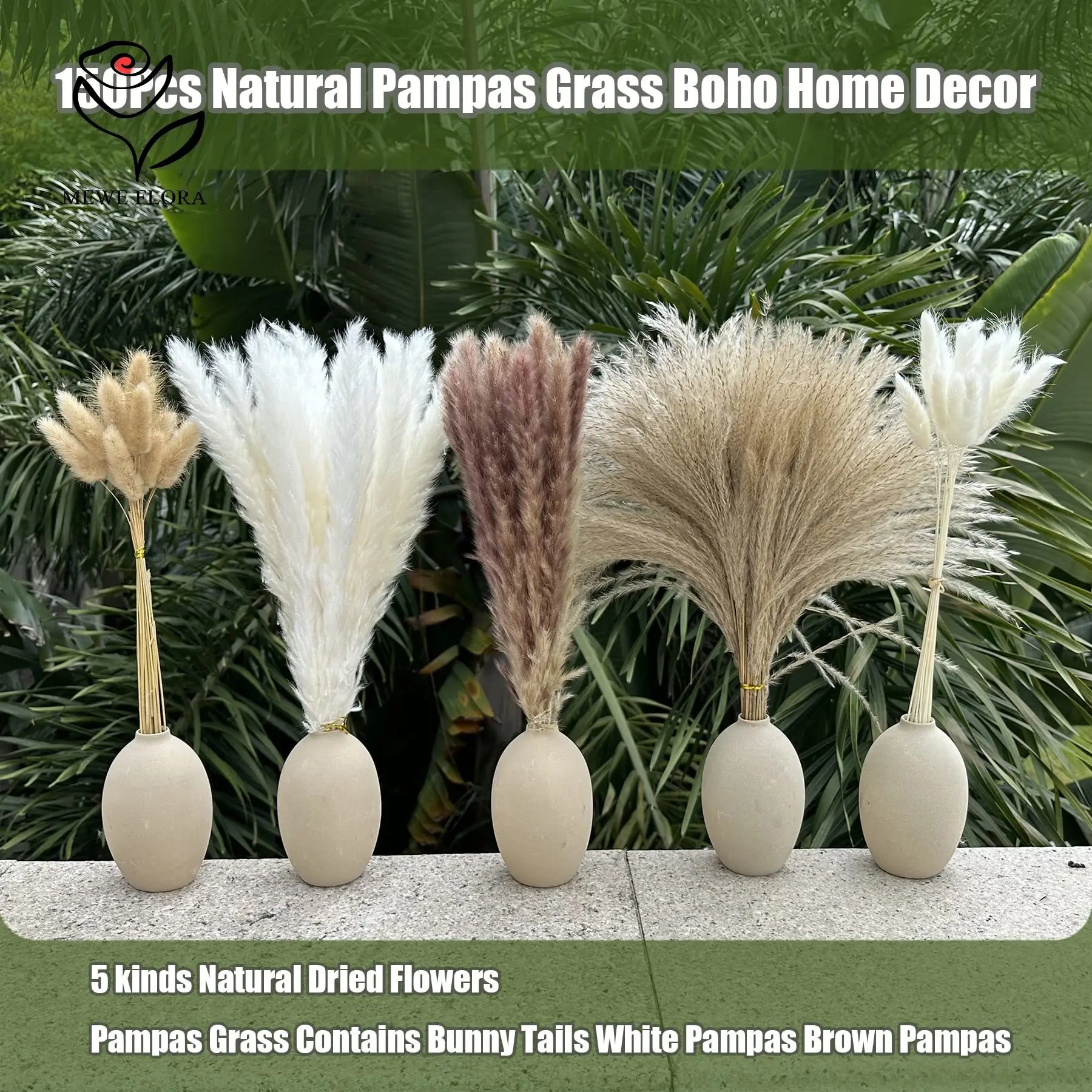 100pcs Natural Dried Flower Pampas Grass Bouquet Boho Home Decor Rabbit Tail for Farmhouse Wedding Office Arrangement DIY Craft - view 3