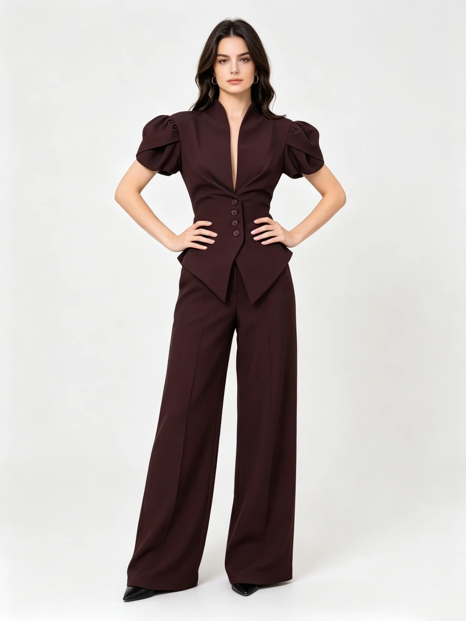 

LIMO Formal 2-Piece Pantsuit, Puff Sleeve Tailored Blazer & High Waist Wide Leg Trousers for Work