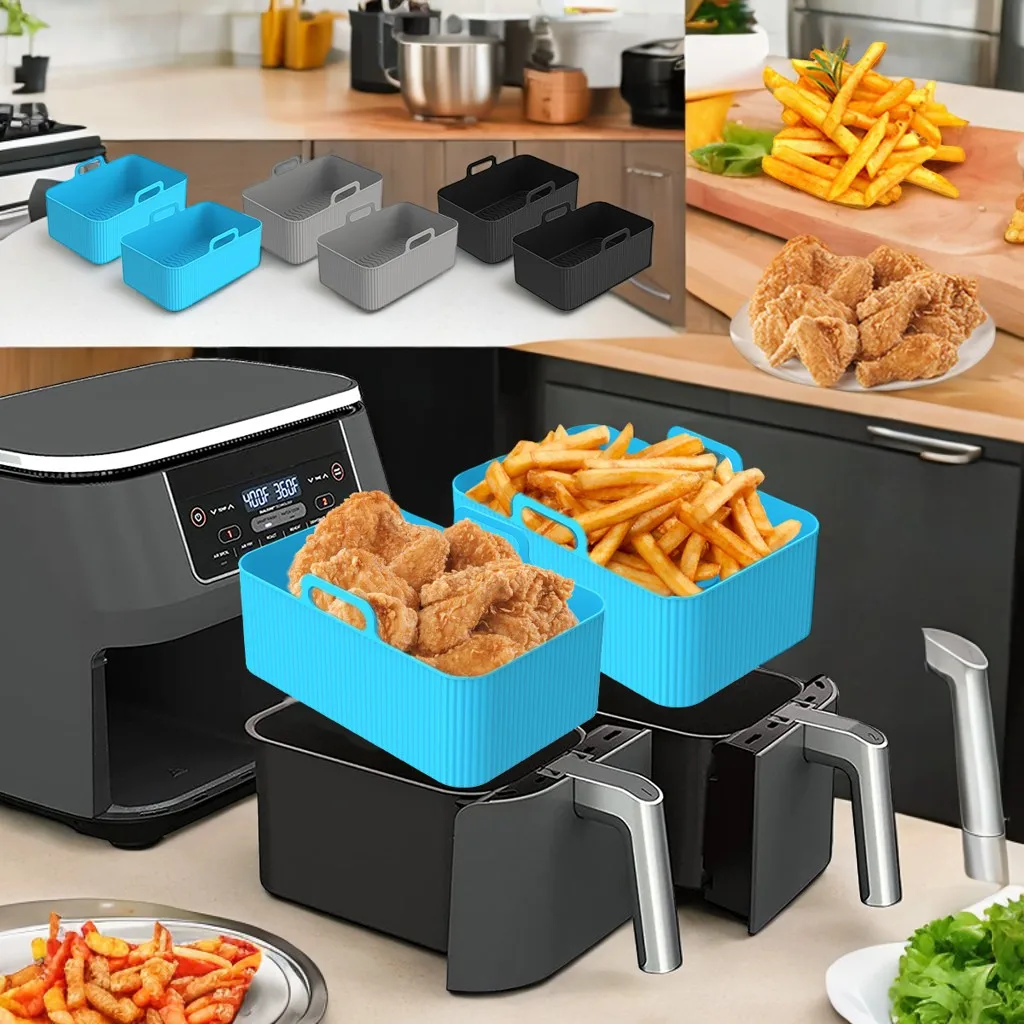 High-Quality, Durable Silicone Air Fryer Liner and Basket Set - Heat Resistant 2Pcs for Baking Pan in Oven and Microwave - Recta