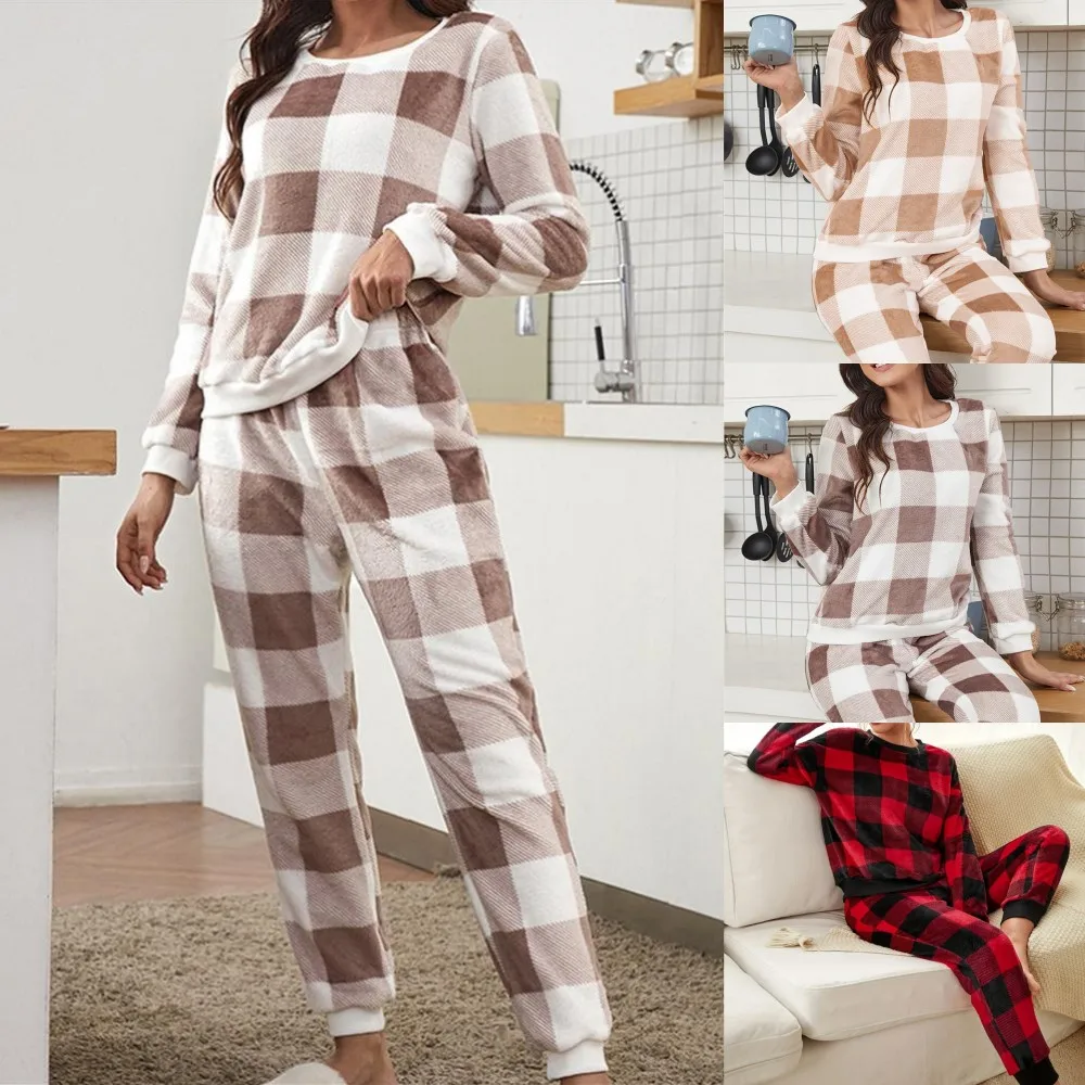 Women Pajama Sets Autumn Winter Warmer Plush Ladies Pyjamas Plaid Flannel Loung Sleepwear Girl Pijama Mujer Night Suits Homewear