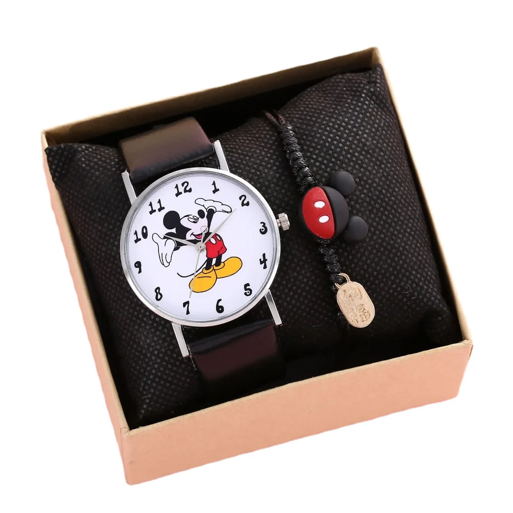 Disney Womens Kids Watches Bracelet Set with Box Fashion Mickey Mouse Cartoon Watch Women Children Bracelets Wristwatch Gift Box