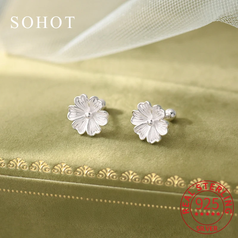 

Real 925 Sterling Silver Geometric Flower Piercing Screw Bead Tiny Stud Earrings for Women Cute Fine Jewelry Plant Accessories